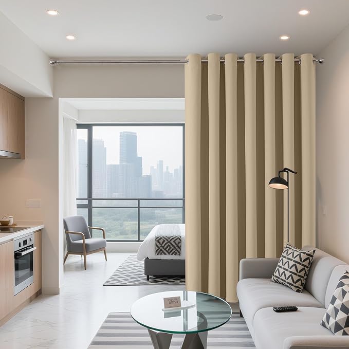 Joydeco Blackout Patio Sliding Door Curtains, Privacy Room Divider Curtains | Extra Wide Thermal Blackout Curtains for Bedroom Living Room, Curtain for Patio Door (Light Beige, 80Wx108L, 1 Panel)
