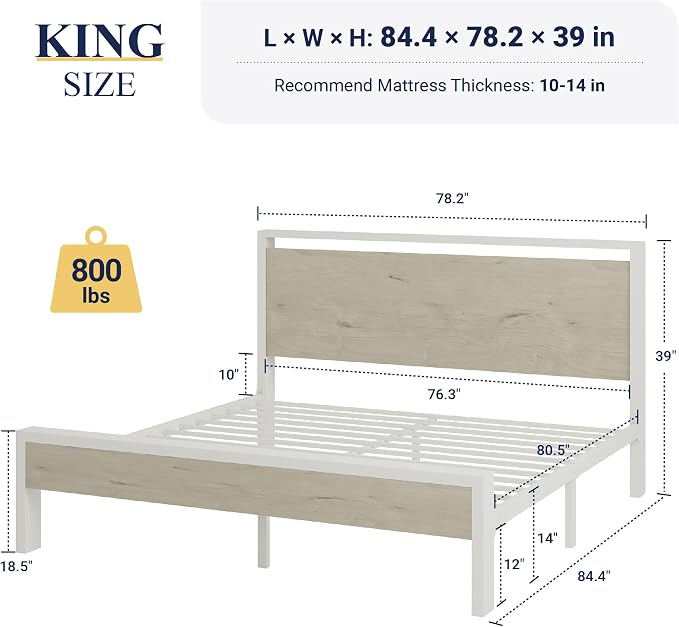 Allewie King Size Bed Frame, Heavy Duty 12 Metal Slats Support, White | Wooden Headboard and Footboard, Modern Platform Bed, No Box Spring Needed, Under-Bed Storage, Noise Free, Easy Assembly