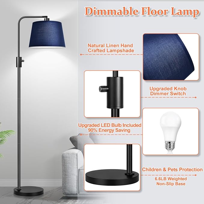 Nintiue 【Upgraded】 Dimmable Floor Lamp, 1000 Lumens LED Edison Bulb Included, Modern Arc Standing Tall Floor Lamp for Living Room Bedroom Office Dining Room - Blue