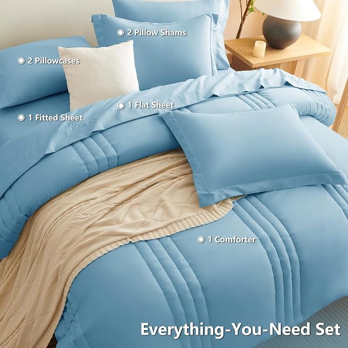 Queen Comforter Set Aqua Blue - 7 Pieces Bed in a Bag | OEKO-TEX Certified, 240GSM Down-Alternative Comforter, 14" Deep-Pocket Sheets, Shams & Pillowcases, Lightweight