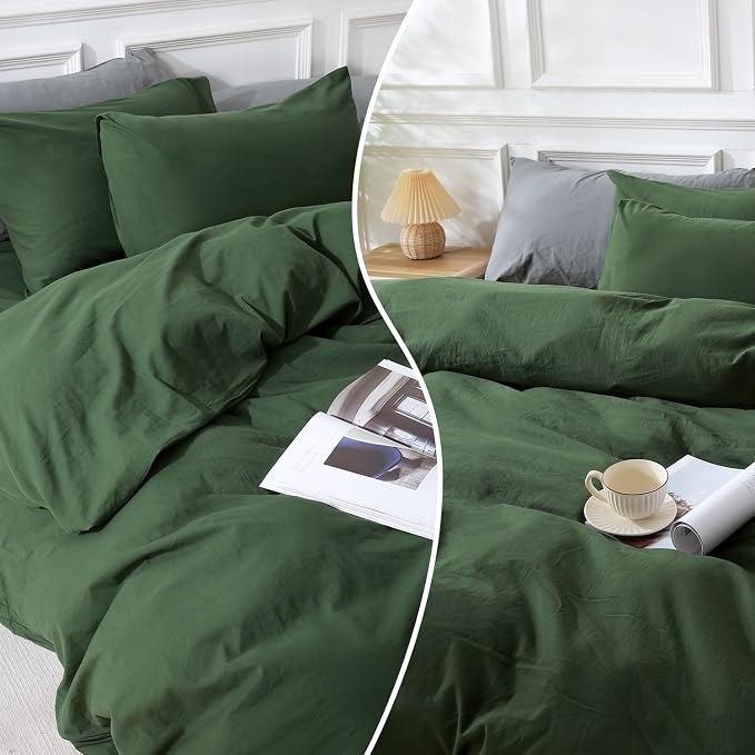 NEXHOME PRO Duvet Cover Set King Size Linen Feel Textured Organic Natural 100% Washed Cotton Duvet Cover 3 Pieces Bedding Set with Zipper Closure, Breathable, Forest Green (No Comforter)