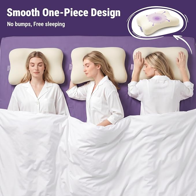 ZZ-WELL Neck Pillow for Sleeping - Side Sleeper Pillow with Cooling Pillowcase - High Density Memory Foam Pillows for Broad Shoulders Adults - Heavy & Thick Bed Pillows, Standard Size (Beige)