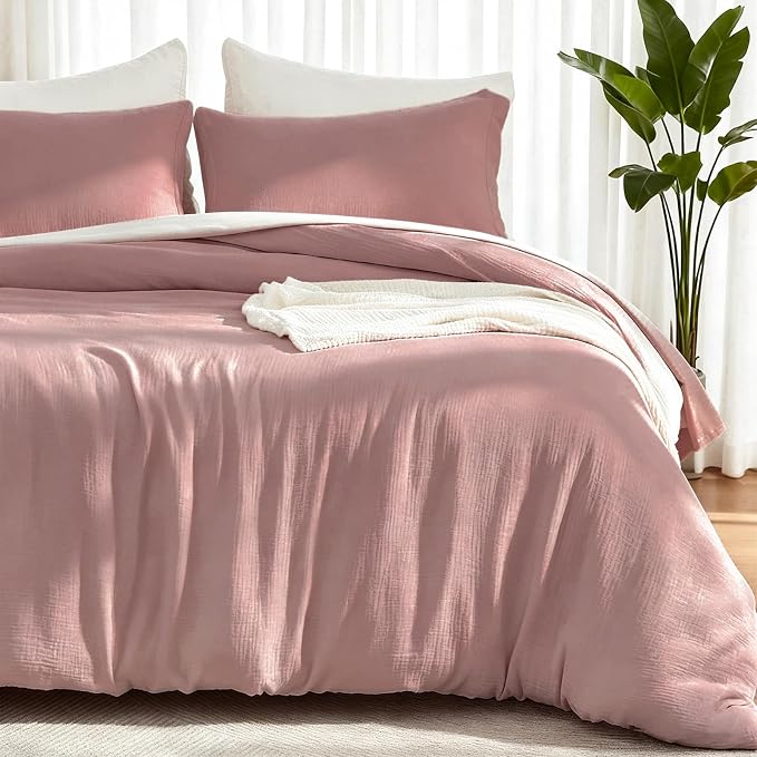 EMME Muslin Cotton Duvet Cover Set Queen Size Linen Like Soft Breathable Lightweight Summer Comforter Cover Set with Zipper Closure (Queen, 90"x90")