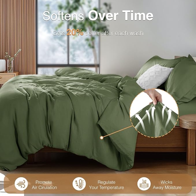 SONORO KATE 100% French Linen Queen Duvet Cover Set,Zipper Closure,3PC | Natural French Flax,Soft Breathable for Hot Sleepers,Moisture Wicking & Durable,4 Corner Ties,Olive Green