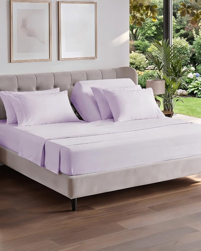 Flex Top Split Head King 6 Piece Sheet Set - Cooling - Light Lavender | Ultra Soft Hotel Luxury Bedding Set w/ 8-16 Inch Deep Pockets, 1 Flat & 1 Split-Head Fitted Sheet & 4 Pillowcases, Fade Free