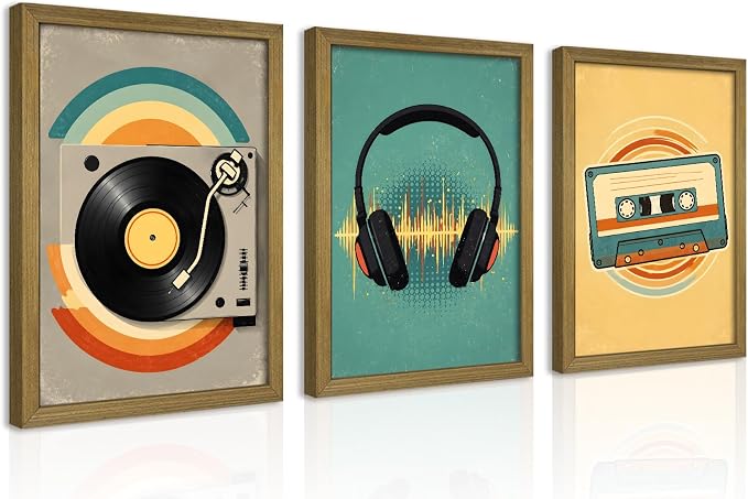 Framed Vintage Music Canvas Wall Art Set of 3, Vinyl Record Headphones Cassette Wall Decor Painting, Rustic Mid Century Music Print Pictures for Bedroom Living Room Office Studio Decor 16x24 Inch