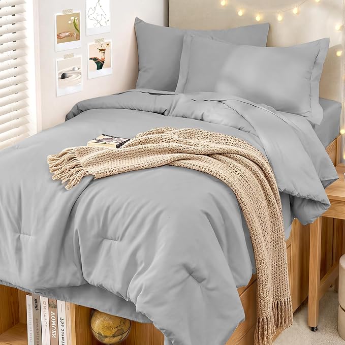 5 Pieces Twin XL Comforter Set, Soft Bed in a Bag Twin XL Size, All Season Bedding Set with Comforter, Flat Sheet, Fitted Sheet, Pillowcases & Shams, Light Grey