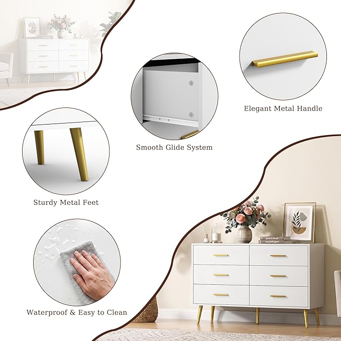 White 6 Drawer Dresser for Bedroom, 47" Wood Dresser with Gold Handles. | Modern Dressers & Chests of Drawers for Living Room, Hallway, Entryway.