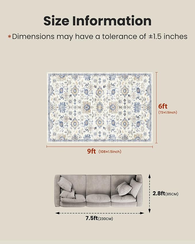 AMADA HOMEFURNISHING 6x9 Area Rugs, Blue Low-Profile Washable Rug with Non-Slip Backing & Durable Edge Binding, Vintage Rugs for Living Room, Bedroom, Dining Room