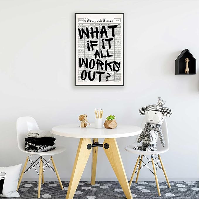Retro Black And White Newspaper Poster What If It All Works Out Canvas Wall Art Positive Affirming Quote Minimalist Prints Painting For Home Bedroom Dorm Wall Decor 16x24in Framed