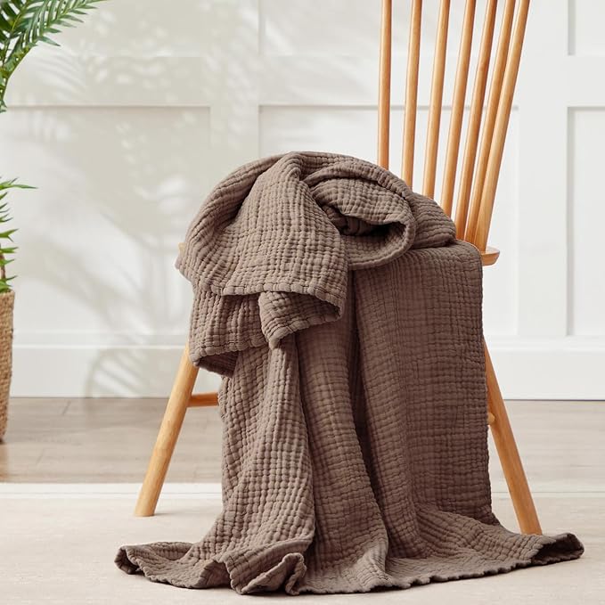 100% Cotton Muslin Blanket King 108" x 90", Breathable and Lightweight Cotton Throw Blanket for Bed, Soft Cooling Summer Gauze Blanket for Adults All Season, Brown