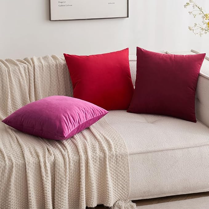 MIULEE 24x24 Inch Pack of 2 Euro Velvet Throw Pillow Covers Red | Soft Solid Decorative Euro Sham, Modern Luxury Home Decor, for King Bed Sofa Couch Bedroom Livingroom