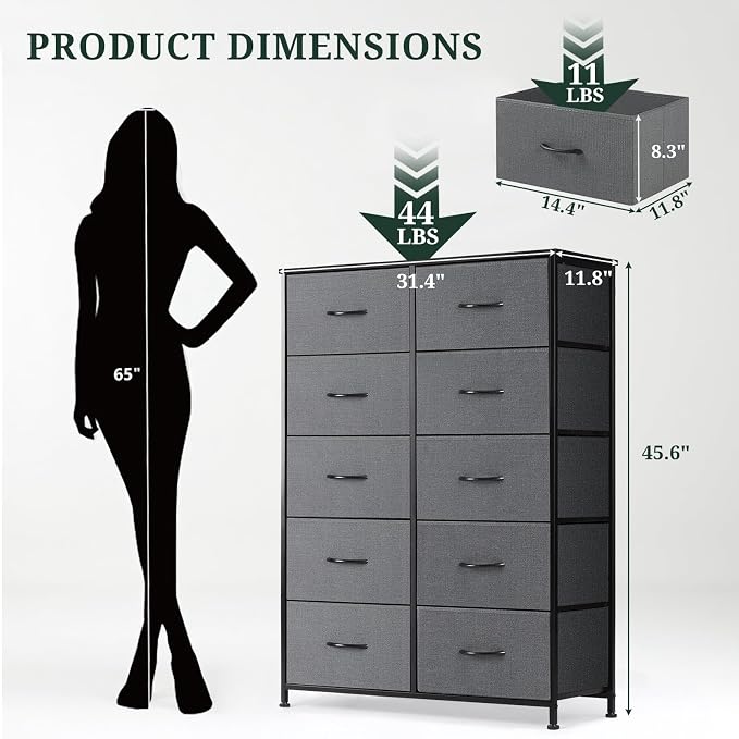 10-Drawer Dresser for Bedroom, Anti-Tip Tall Storage Organizer | Chest of Drawers with Wooden Top and Metal Frame Fabric Bins for Closet, Living Room, Hallway, Entryway, Gray
