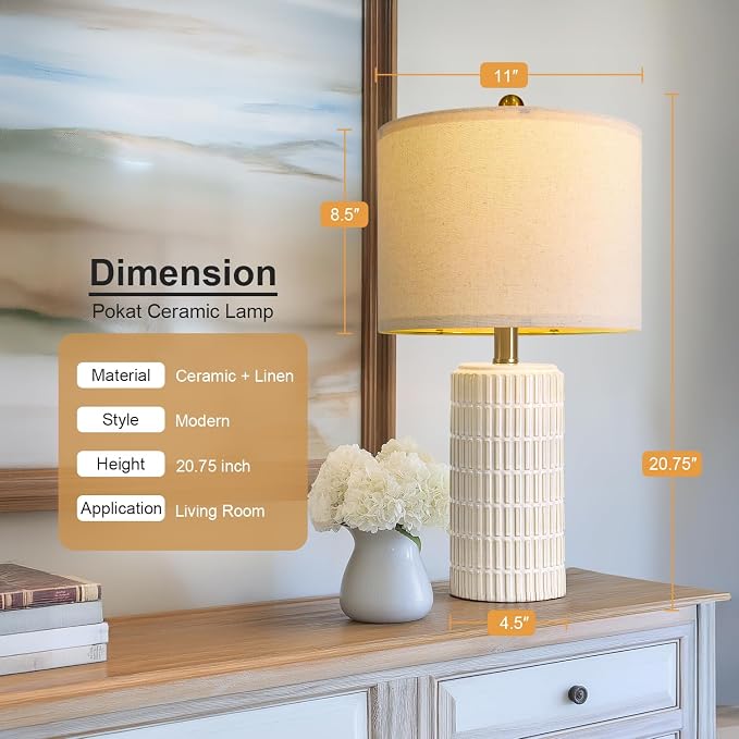 PoKat 20.75" Small Modern Ceramic Table Lamps Set of 2 for Bedroom, White | Bedside Lamps for Nightstands, Farmhouse Home Decor, End Table & Desk Light, Ideal Housewarming New Home Gift for Women Mom