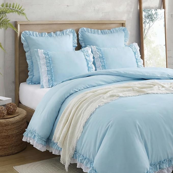 Bedrom Light Blue Duvet Cover Twin Ruffled Bedding Set Elegant Ruffle Lace Bedroom Decor Shabby Chic Farmhouse Style Blue Boho Duvet Cover Set