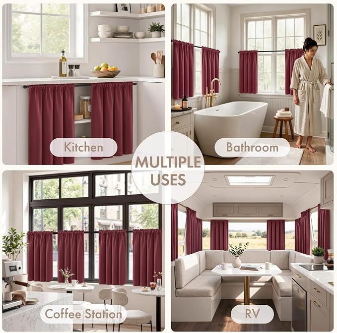 MIULEE Set of 4 Burgundy Red 45 Inch Short Blackout Kitchen Window Curtains | Bedroom Drapes, Light Blocking Privacy Curtains for Small Windows, Bathroom, RV/Motorhome, Laundry, Top&Bottom Rod Pocket