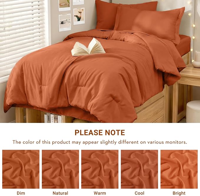 5 Pieces Twin XL Comforter Set, Soft Bed in a Bag Twin XL Size, All Season Bedding Set with Comforter, Flat Sheet, Fitted Sheet, Pillowcases & Shams, Burnt Orange