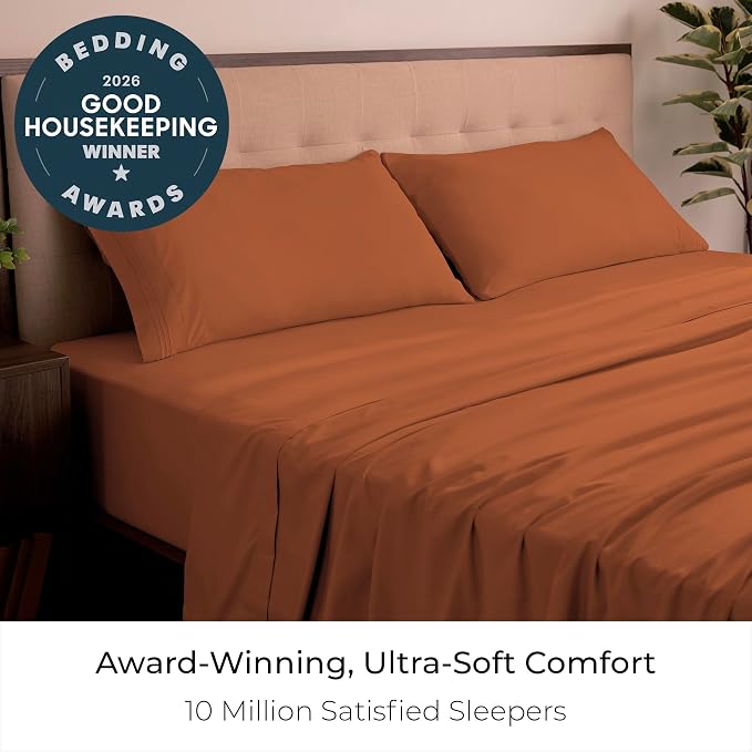 Mellanni Iconic 4-Piece, Ultra Soft Sheet Set (California King, Terracotta) | 10M+ Sleepers. Lab-tested: Sleeps Cool, Stays Bright, Strong, Smooth. Good Housekeeping Best Bedding, 7 yrs running.