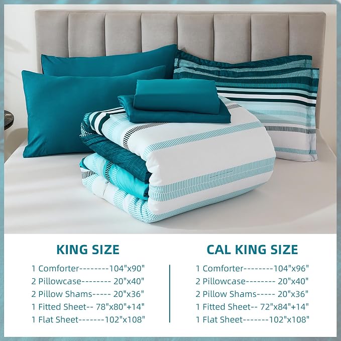 Dobuyly Teal Comforter California King Size 7 Pieces, Blue Boho Striped Bed in a Bag Set Soft Microfiber All Season Bedding Set with Comforter, Sheets, Pillowcases & Shams