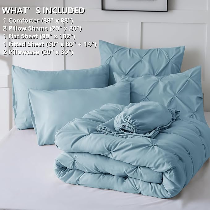 HIMEET Queen Comforter Set Light Blue - 7 Pieces Pintuck Bed in a Bag | OEKO-TEX Certified, 240GSM Down Alternative Comforter, 14" Deep Pocket Fitted Sheet + Flat Sheet + 2 Pillowcases + 2 Shams