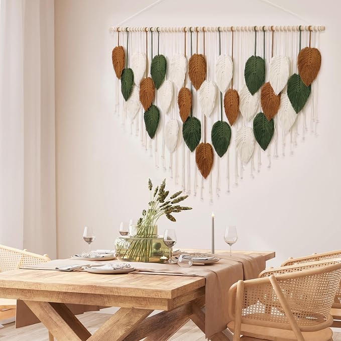 Large Macrame Wall Hanging Boho Woven Tapestry Chic Home Decor Wall Art | KHOYIME Modern Bohemian Handmade Leaf Feather Decorations for Apartment Living Room Bedroom Nursery Backdrop 51.5"W X 33.5"L