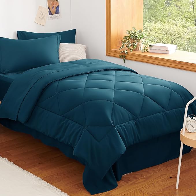 Twin XL Comforter Set Lyons Blue - 5 Pieces Complete Bedding Set | College Dorm Essentials, OEKO-TEX Certified, All Season, 240GSM Down-Alternative Comforter, Sheets, Pillowcase & Sham