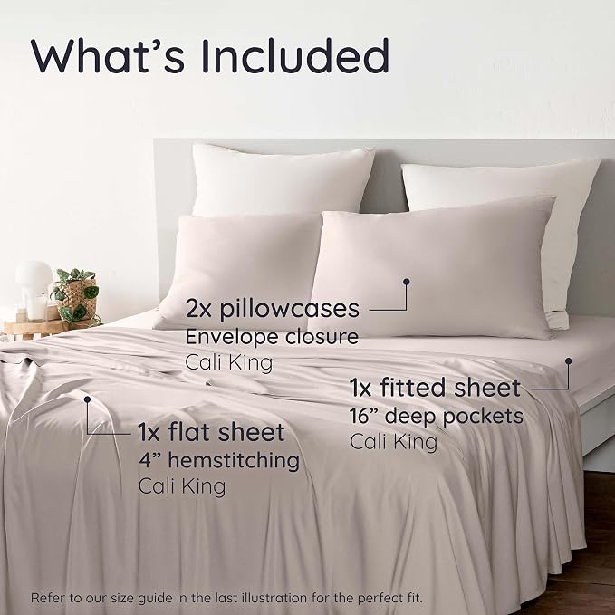 Bambaw California King Cooling Sheets Set 4pcs – 100% Viscose Derived from Bamboo Sheets Extra Deep Pockets, Soft & Breathable Bedding Set, Fits Up to 16'' with Elastic Corner Straps (Sand)