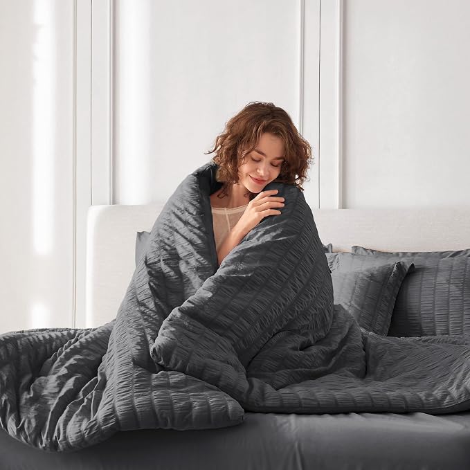 7 Pieces Full Comforter Set, Seersucker Bed in a Bag Full Size, All Season Luxury Bedding Set with Comforter, Flat Sheet, Fitted Sheet, Pillowcases & Shams, Dark Grey