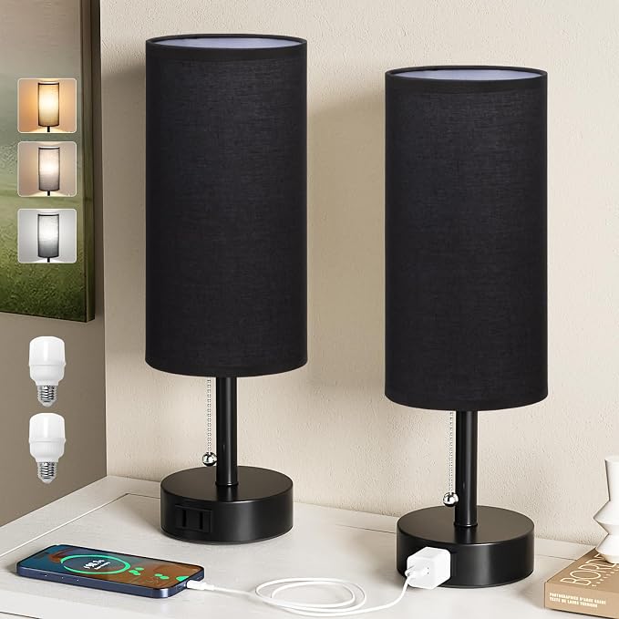 Black Bedside Table Lamps Set of 2 - Bedroom Lamp for Desk, AC Outlet | 3CCT(3000K/4000K/5000K), LED Bulbs Included, Black Fabric Lampshade, 14in Small Lamp for Nightstand, Guest Room, Living Room