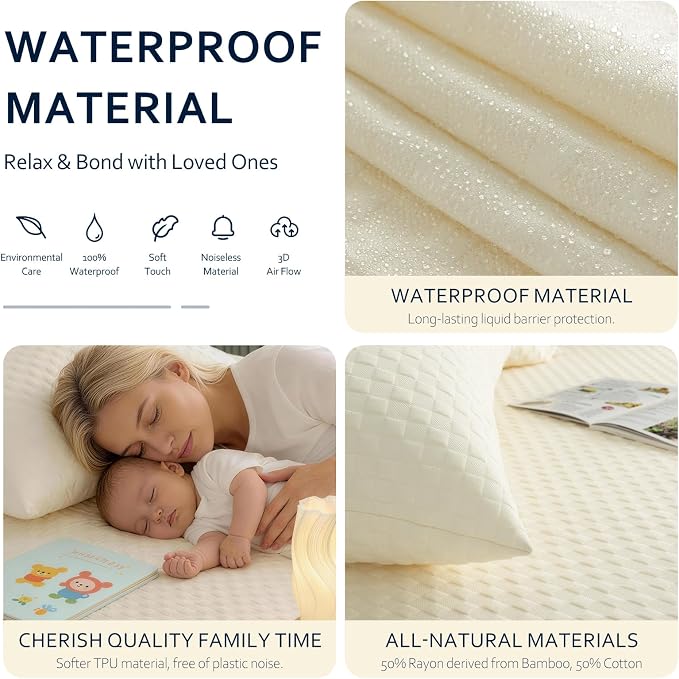 Waterproof Mattress Protector Queen, Organic Cotton, White | Organic Cotton 250GSM 3D Waffle, Noiseless TPU Waterproof, Deep Pocket 8-18" Fit, OCS & OEKO-TEX Certified, Washable