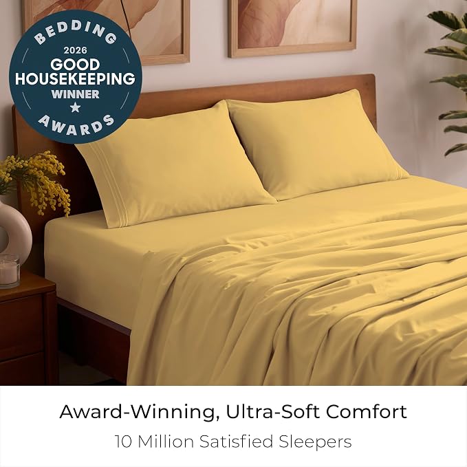 Mellanni Iconic 4-Piece, Ultra Soft Sheet Set (Queen, Yellow) | 10M+ Sleepers. Lab-tested: Sleeps Cool, Stays Bright, Strong, Smooth. Good Housekeeping Best Bedding, 7 yrs running.