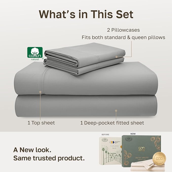 California Design Den Luxury 600 Thread Count Full Sheet Set, Light Grey | 100% Cotton Sateen Backed by Good Housekeeping Seal, Soft & Smooth, 16" Deep Pocket, All-Around Elastic, Durable, Easy Care