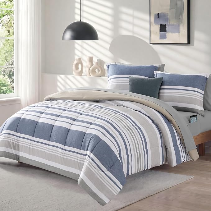 Monbix Twin XL Comforter Set-5 Piece Striped Bed in a Bag Twin Bedding Sets | All Season Ocean Blue Reversible Soft Comforter with Sheets, Pillowcases & Shams, College Dorm Essentials