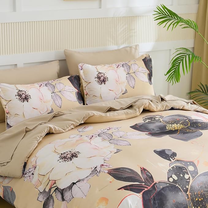 Yogeneg Queen Comforter Set 7 Piece Bed in a Bag,White Black Floral Botanical Pattern Khaki Bedding Set,Soft Microfiber Comforter with Sheet Set,All Season Bed Set(Khaki,Queen)