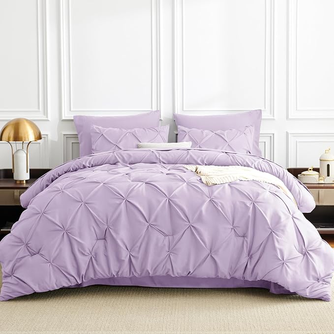 Queen Comforter Set Lavender, 7 Pieces Pintuck Bed in a Bag | OEKO-TEX 100 Certified, 240GSM All Season, Bedroom, Guest Room, Down-Alternative Comforter, Sheets, Pillowcases & Shams