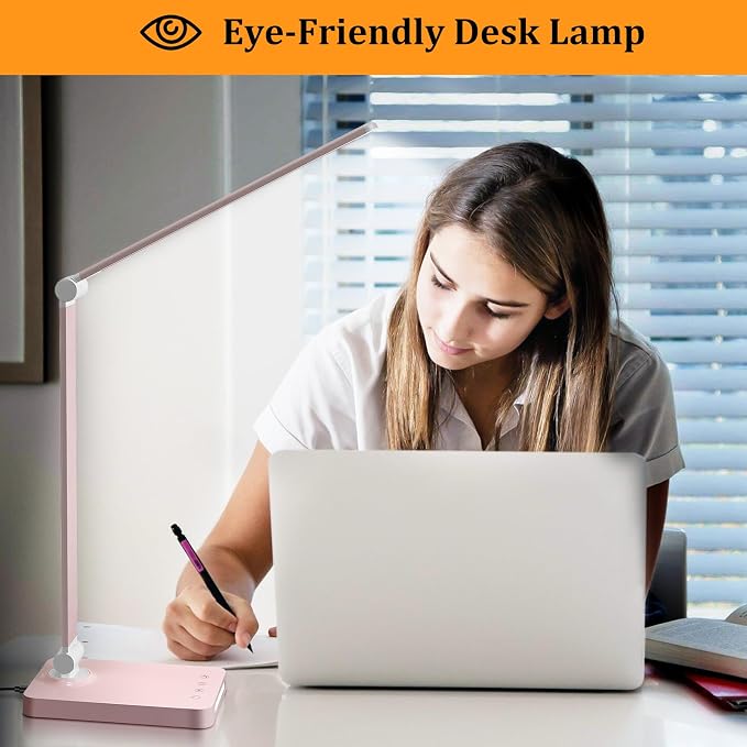 LED Desk Lamp with USB Ports,Touch Desk Lamps for Home Office with 5 Modes | 3 Brightness Desk Light with Small Night Light,Reading Lamp Table Lamp for Bedroom Bedside Study Pink （with adapter）
