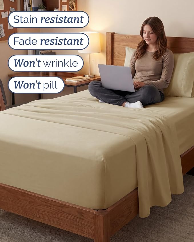 Extra Deep Twin XL Sheet Set - 3 Piece College Dorm Room - Beige | Soft, Breathable & Cooling, Easily Fits 18 to 24 inch Mattress, Wrinkle Free & Fade Resistant with Extra Deep Pockets