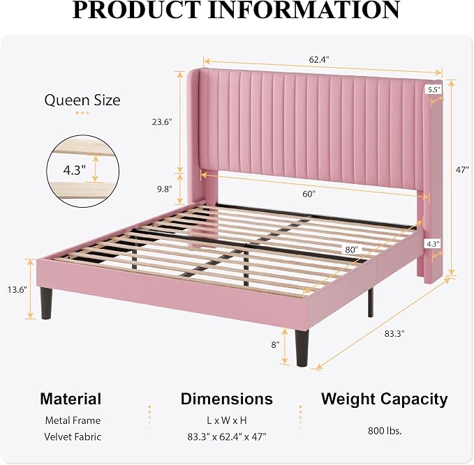 SHA CERLIN Queen Size Velvet Bed Frame, Tufted Wingback Headboard, Pink | 47'' Modern Vertical Channel Headboard, Upholstered Platform Bed, Wood Slats, No Box Spring Needed, Easy Assembly, Noise Free