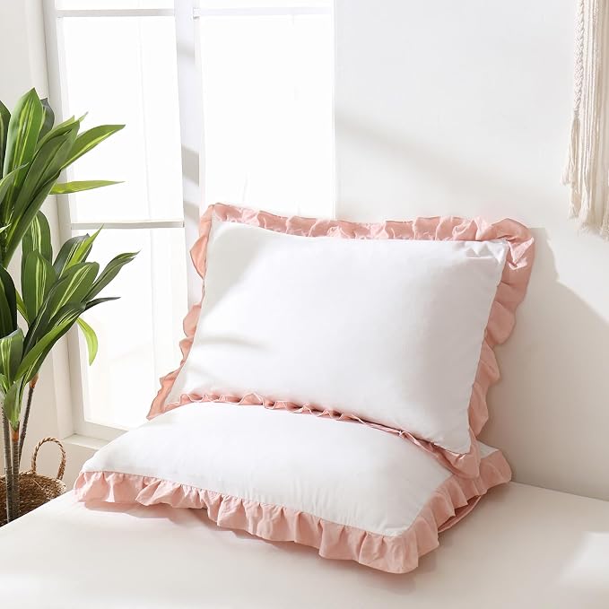 Merryword Pink Pillow Shams White and Pink Reversible King Pillowcases Cute Pillow Cover Set of 2 Soft Shabby Chic Ruffled Pillowcases 2 Pack (King (20''x36''), White Pink)