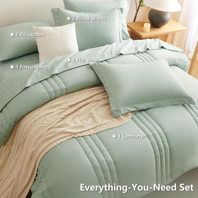 King Size Comforter Set Sage Green- 7 Pieces Bed in a Bag | OEKO-TEX Certified, 240GSM Down-Alternative Comforter, 14" Deep-Pocket Sheets, Shams & Pillowcases, Lightweight