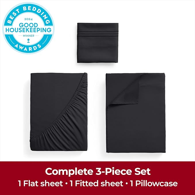 Mellanni Iconic 3-Piece, Ultra Soft Sheet Set (Twin XL, Black) | 10M+ Sleepers. Lab-tested: Sleeps Cool, Stays Bright, Strong, Smooth. Good Housekeeping Best Bedding, 7 yrs running.