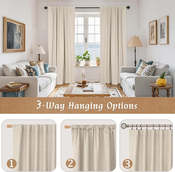 84 Inch Oatmeal 100% Blackout Linen Curtains 84 Inch for Living Room | Privacy Bedroom Curtains, Room Darkening Neutral Panels, Rod Pocket Back Tab, with White Liner, 2 Panels, 42 x 84 Inch