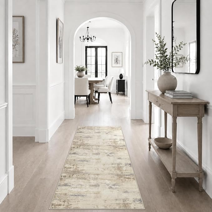 2x5 Washable Runner Rug：Modern Abstract Soft Carpet Beige Brown | For Hallway, Bedroom, Kitchen, Laundry, Bathroom,Door Mat,Modern Abstract,Machine washable,Non-Slip,Stain Resistant,Indoor