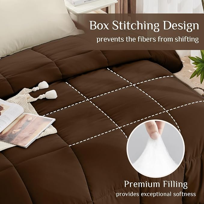 JOLLYVOGUE Oversized King Comforter Set, Ultra-Soft Bed in a Bag 7 Pieces, Oeko-TEX Certified Bedding Set with Down Alternative Comforter, Sheets, Pillowcases & Shams, Brown & Beige
