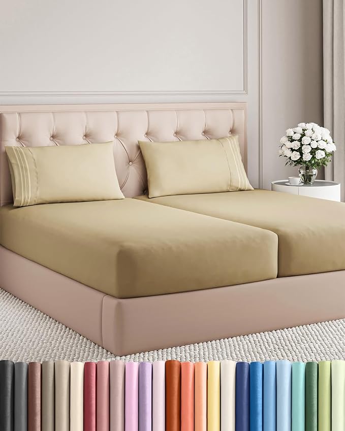 Split King Size 5 Piece Sheet Set - Breathable & Cooling Sheets - Beige | Hotel Luxury Bed Sheets for Women & Men, Deep Pockets, Easy-Fit, Comfy, Soft and Wrinkle Free Sheets, Oeko-Tex Bed Sheet Set