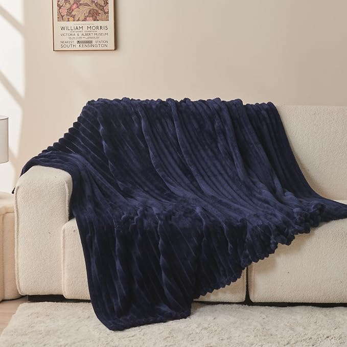 NEWCOSPLAY Fleece Ribbed Cozy Throw Blanket for Couch, Dark Navy, 50"x60" | Premium Silky Flannel Blanket, Soft Lightweight Fluffy Throw Blanket for Bed Sofa Decor, Gift for All Season Use