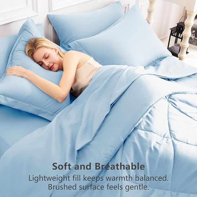King Size Comforter Set Baby Blue - 7 Pieces Complete Bedding Set | OEKO-TEX Certified, All Season, 240GSM Down-Alternative Comforter, Sheets, Pillowcases & Shams, 14" Deep Pocket, Easy Care