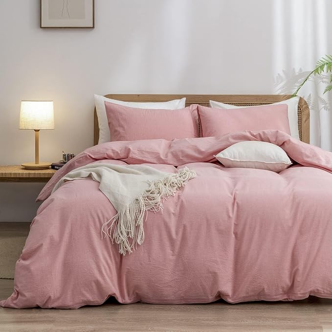 BESTOUCH Cotton Solid Duvet Cover Set Linen Feel Red Pink Alaska King | 100% Washed Cotton, Soft Wrinkle Texture, Hidden Zipper, 8 Ties, Breathable Lightweight Durable Comfy, 3 Pcs No Insert