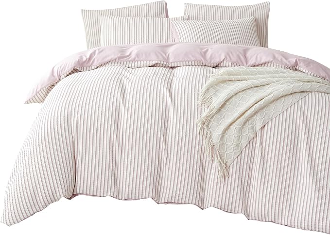 King Size Comforter Set Striped Light Purple Soft Luxury Washed Microfiber Jacquard 3 Pieces Bedding Purple Vertical Ticking Stripes Comforter with 2 Pillowcases Breathable Durable Comfy