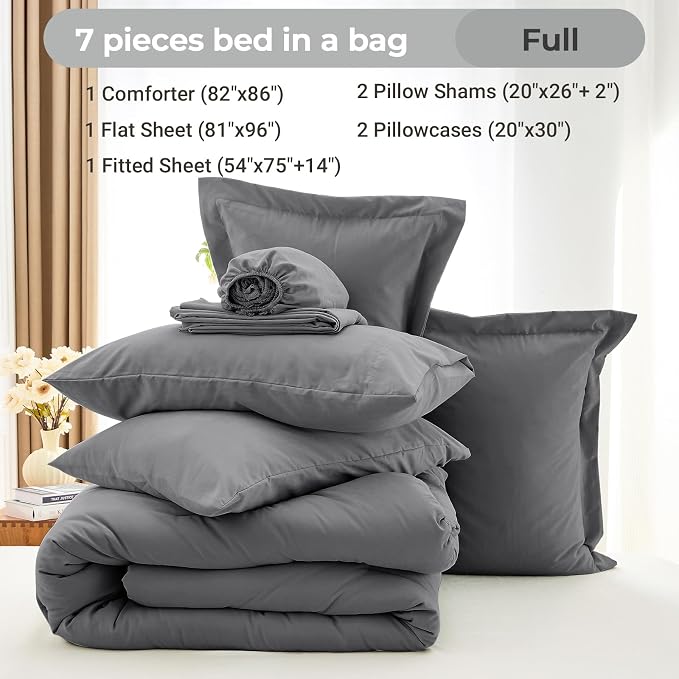 7 Pieces Full Comforter Set, Soft Bed in a Bag Full Size, All Season Bedding Set with Comforter, Flat Sheet, Fitted Sheet, Pillowcases & Shams, Dark Grey